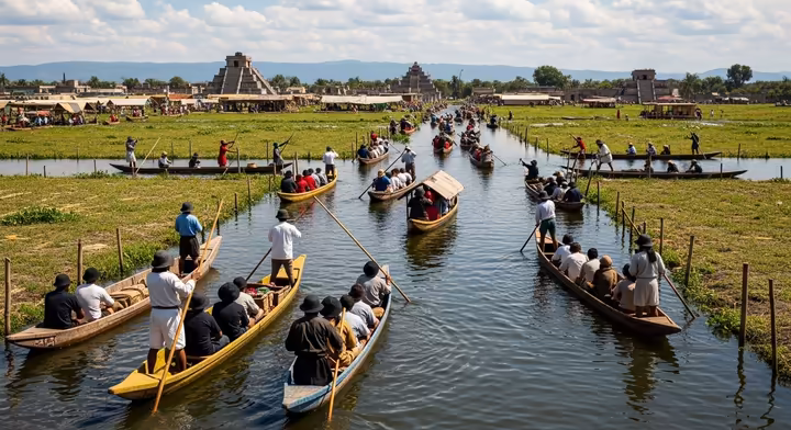 Bustling canoe traffic on the canals of Tenochtitlan, with Aztecs transporting goods and people against the backdrop of pyramids and chinampas.