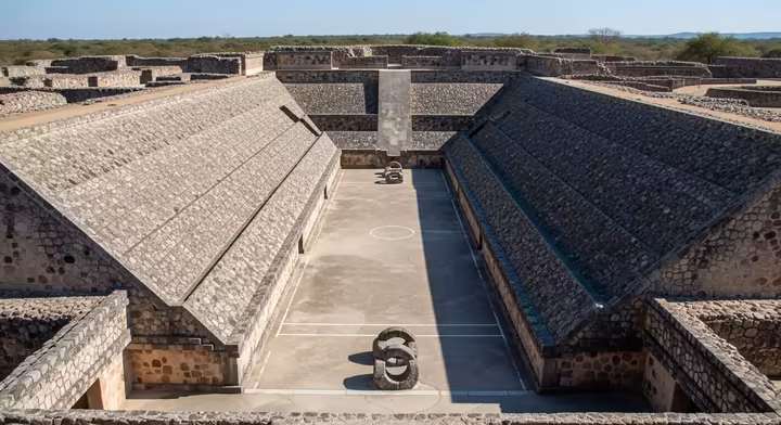 Archaeological rendering of a typical I-shaped Aztec tlachtli (ballcourt) with sloped walls and stone rings, the arena for their most important games.
