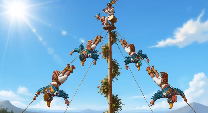 Four Voladores in bird costumes descending from a tall pole, while a Caporal plays music at the top, during the Danza de los Voladores.