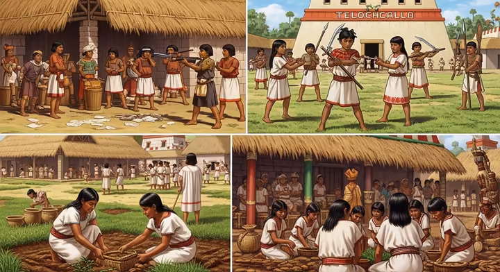 A bustling scene of daily life in an Aztec calpulli, showing communal activities and a telpochcalli school.