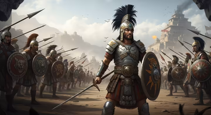 A new Huey Tlatoani leading his warriors in a coronation war to prove his military prowess.