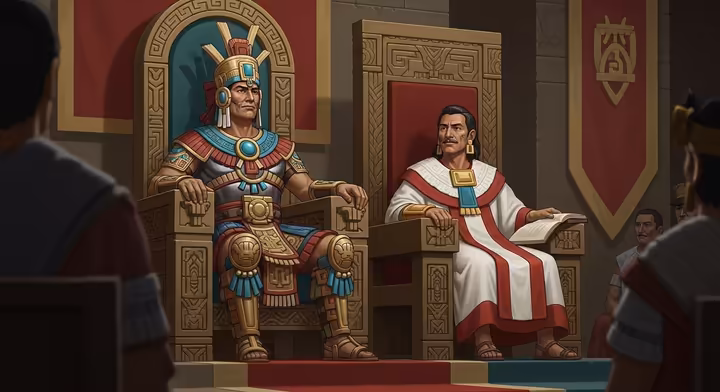 Illustration of the Aztec dual leadership, with the Huey Tlatoani and the Cihuacoatl in the grand throne room.