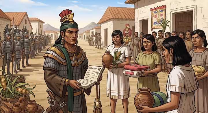 An Aztec tribute collector, a key part of the aztec government system, records items from a province.