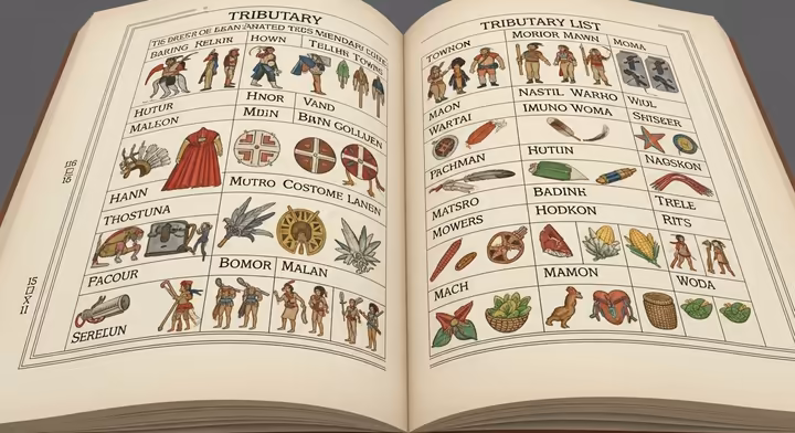 A depiction of a page from the Codex Mendoza, showing tribute lists with glyphs for towns and goods.
