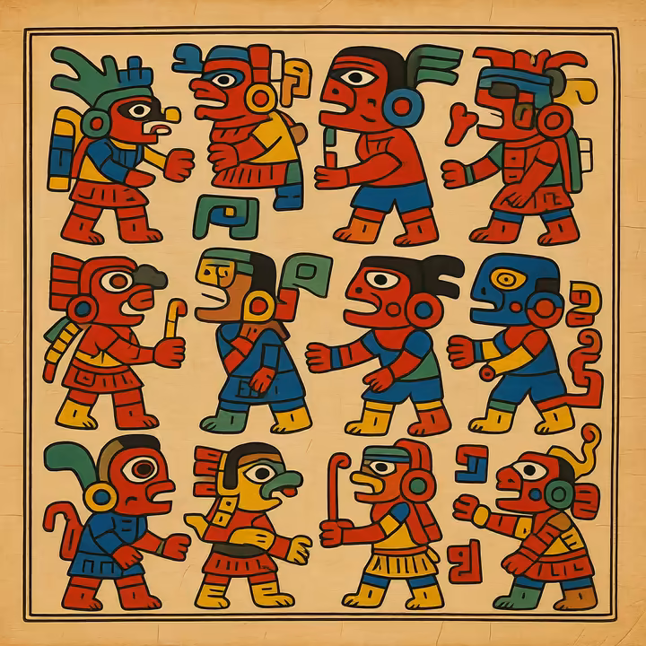 A vibrant page from an Aztec codex showing colorful glyphs and figures.