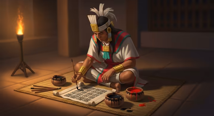 An Aztec scribe, known as a tlacuilo, carefully painting glyphs onto a codex.