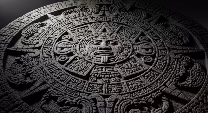 The intricate carvings of the Aztec Sun Stone, a massive stone monument.