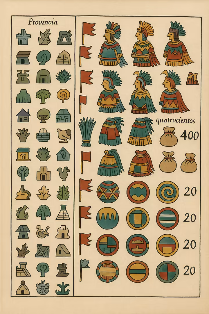A page from the Codex Mendoza showing tribute items like warrior costumes and feathers, with quantity glyphs.