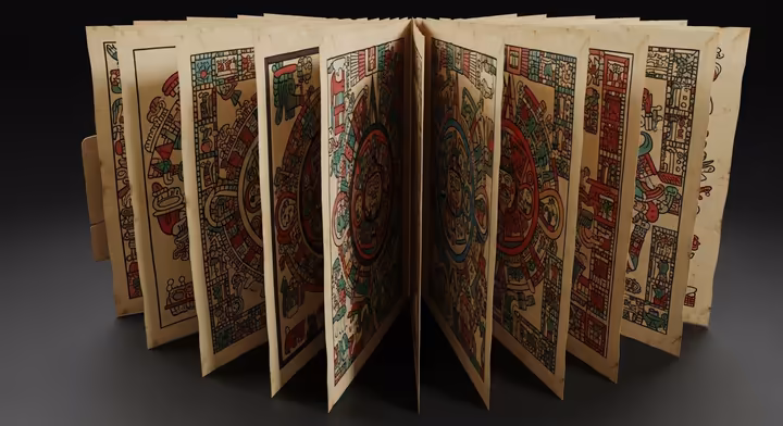 An Aztec codex folded like an accordion, showing multiple painted pages at once.