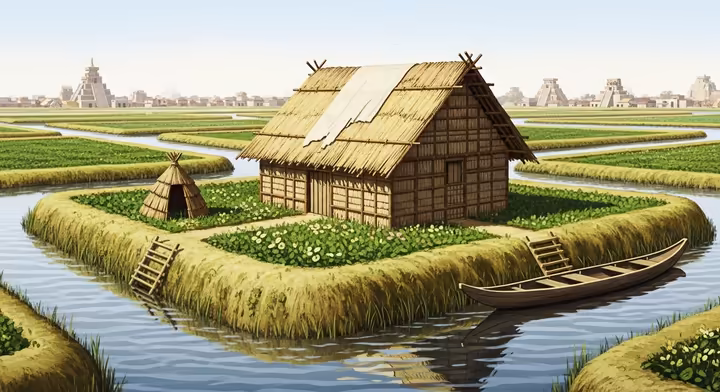 An example of aztec houses, this chinancalli is a wattle-and-daub structure on a man-made island.