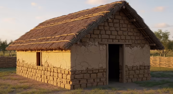 A reconstruction of a simple Aztec commoner's house, made of adobe with a thick thatched roof.