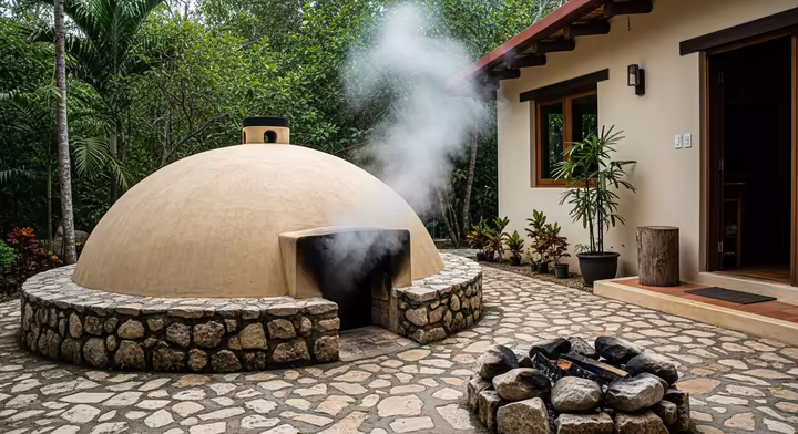 An exterior view of an Aztec temazcal, a small, dome-shaped sweat bath made of stone and adobe.