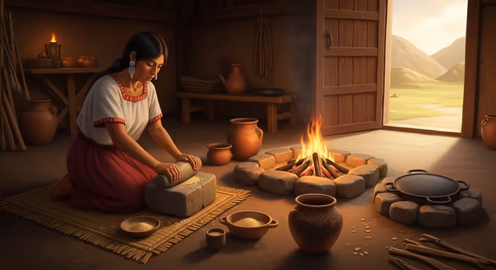 Inside an Aztec home, a woman kneels on a reed mat grinding maize on a metlatl next to a three-stone hearth.