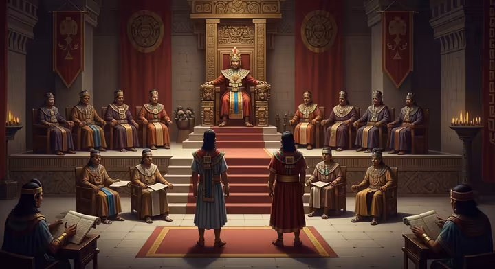 A depiction of the Aztec Supreme Court in Tenochtitlan. The Cihuacoatl, the emperor's second-in-command, oversees the judges.