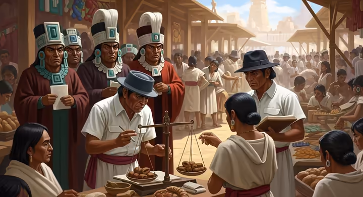 Officials in an Aztec marketplace checking a merchant's scales. The Aztec laws for markets were very strict.