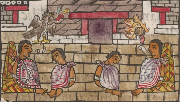 Pochteca merchant court showing two judges seated on either side and two accused merchants standing in the center