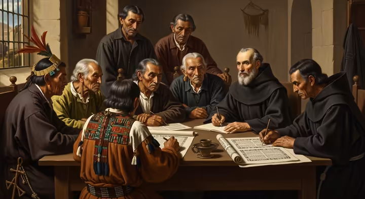 Fray Bernardino de Sahagún working with Nahua elders to write the Florentine Codex, showing how many sources are from after the conquest.