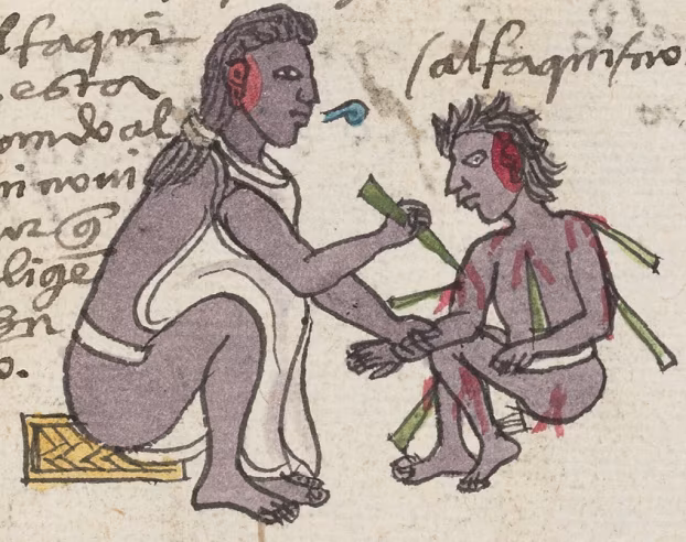 Senior priest with dark skin paint piercing the arm of a crouching novice priest with maguey spine for negligence