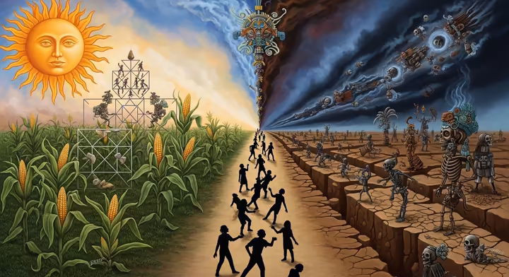 An artistic take on the Aztec 'slippery earth,' where figures walk a narrow path between order (sun) and chaos (darkness).