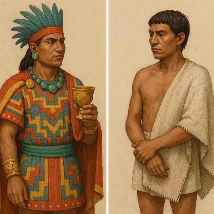 A side-by-side comparison illustrating Aztec sumptuary laws. A noble wears fancy cotton and jade, while a commoner wears a simple fiber cloak.