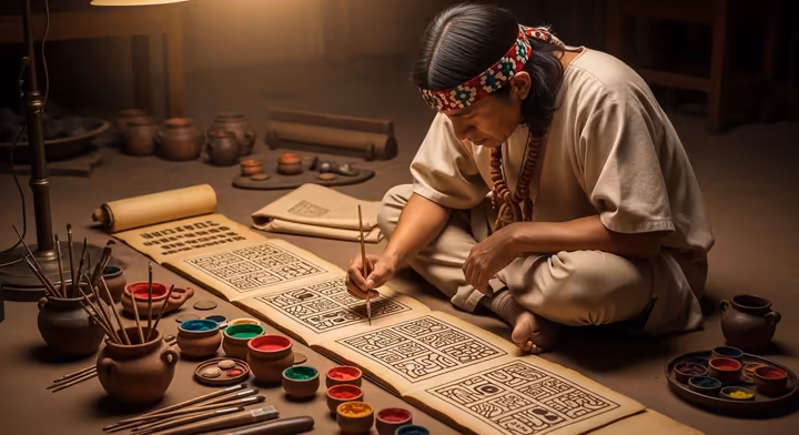 An Aztec tlacuilo (scribe) paints pictographs onto a deerskin codex, creating a legal record.