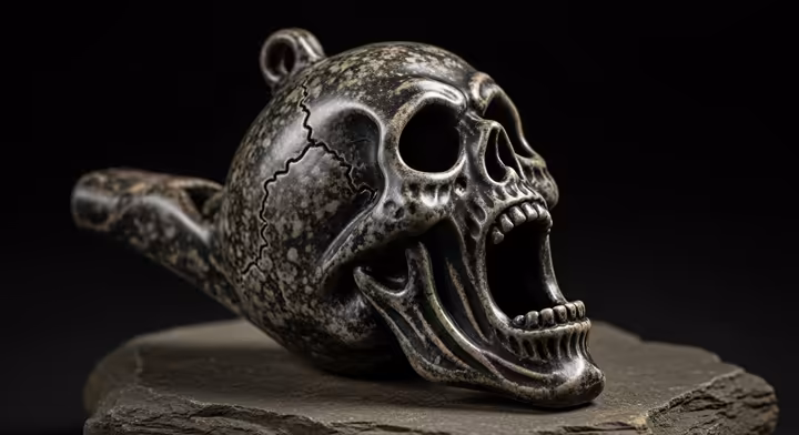 A terrifying Aztec death whistle shaped like a human skull.