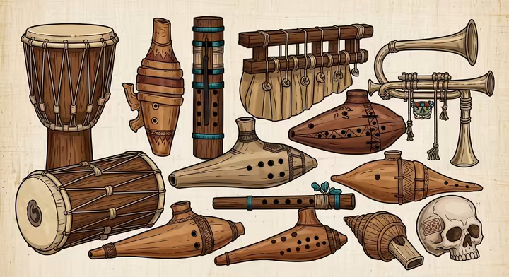 A collection of historic Aztec music instruments, including drums, flutes, and a death whistle.