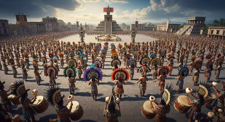 A grand Aztec ceremony with thousands of people dancing in a plaza.