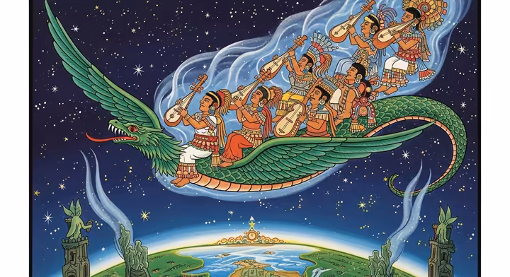 Quetzalcóatl as a feathered serpent bringing divine musicians from the House of the Sun to earth, in a mythological Aztec style.