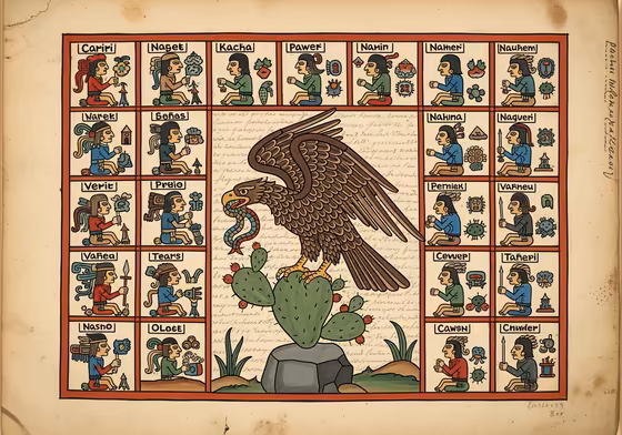 A page from the Codex Mendoza, showing Aztec pictograms that detail the tribute owed by a conquered province, including warrior costumes and bundles of goods.