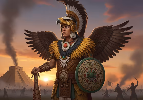 An Aztec Eagle Warrior in full ceremonial battle dress, symbolizing the path for a commoner to achieve noble status through military prowess.
