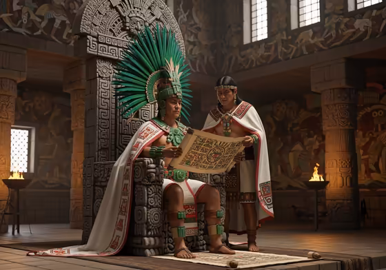 An illustration depicting the Aztec emperor, the Huey Tlatoani, adorned in opulent regalia, alongside his prime minister, the Cihuacoatl, discussing matters of state.