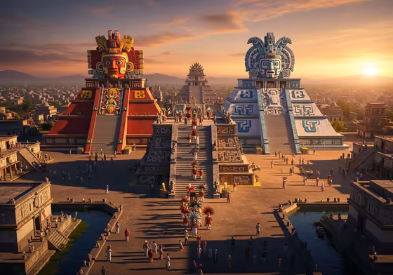 A grand reconstruction of the Templo Mayor, the great temple of Tenochtitlan, with its twin pyramids dedicated to Huitzilopochtli and Tlaloc.
