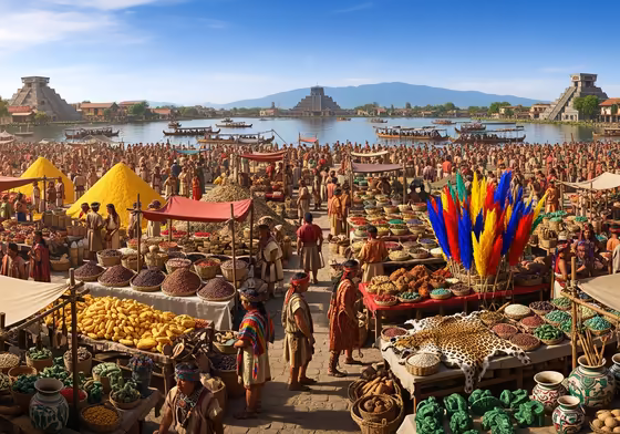 A bustling scene of the great market at Tlatelolco, with thousands of Aztecs trading goods like textiles, food, pottery, and precious materials.