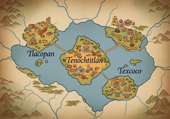 A map of central Mexico showing the locations of the three city-states of the Aztec Triple Alliance: Tenochtitlan, Texcoco, and Tlacopan.