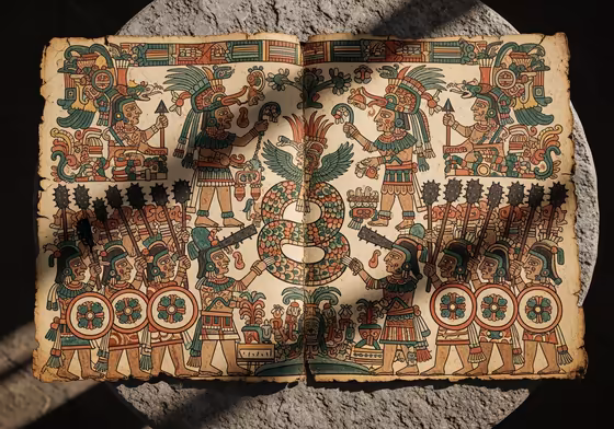 A detailed illustration of a page from an Aztec codex, showing intricate pictograms of gods, rituals, and historical events on bark paper.