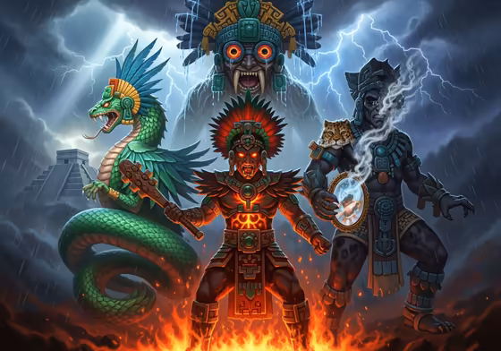 A pantheon of major Aztec gods, including Huitzilopochtli, Quetzalcoatl, Tezcatlipoca, and Tlaloc, depicted in the style of ancient codices.