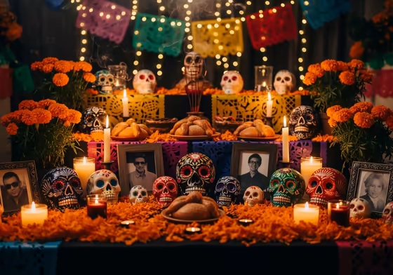 A vibrant Day of the Dead (Día de los Muertos) altar, showcasing the syncretism of Aztec traditions and Catholicism with marigolds, sugar skulls, and photos of ancestors.