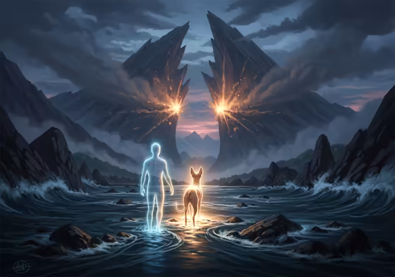 An Aztec soul, guided by a spirit dog, beginning the perilous journey through the nine levels of the underworld, Mictlan.