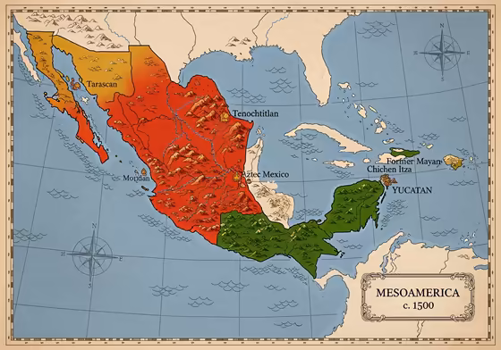 A map of Mesoamerica highlighting the territories of the Aztec and Mayan civilizations, showing their geographic relationship.