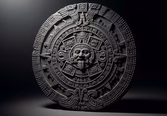 The intricate, circular Aztec Sun Stone, a massive carved stone calendar with detailed glyphs and symbols.