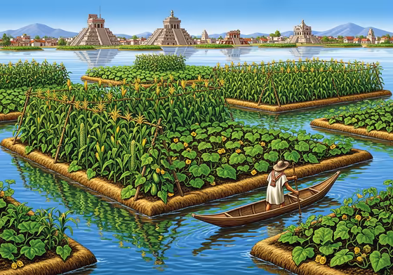 Lush, rectangular floating gardens on a lake, with farmers tending to crops like maize and squash.