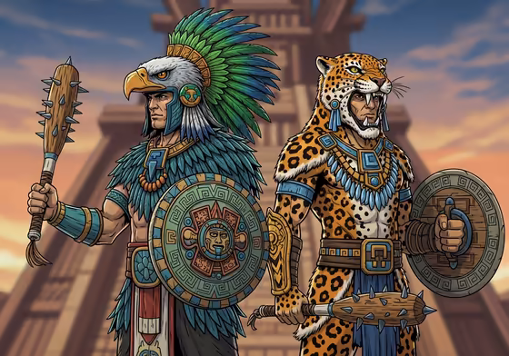 An Aztec Eagle Knight in an eagle-themed helmet and a Jaguar Knight in a jaguar pelt costume, ready for battle.