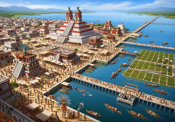 A sprawling, vibrant city of pyramids and causeways built on an island in the middle of a lake.