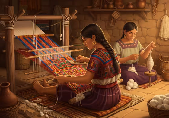 Two Aztec women working a backstrap loom indoors, creating intricate and colorful textile patterns.