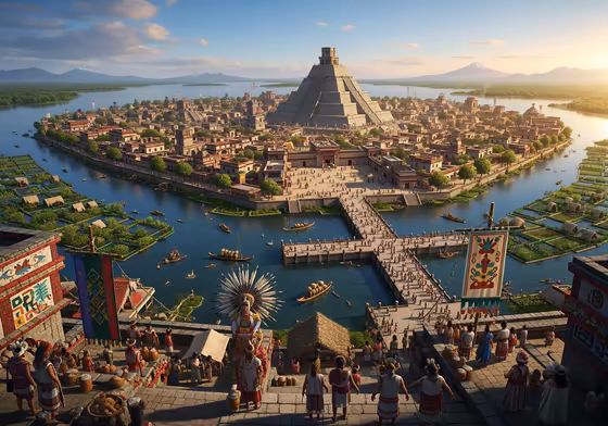 A detailed artistic reconstruction of the Aztec capital city, Tenochtitlan, showing its pyramids, causeways, and chinampas on Lake Texcoco.