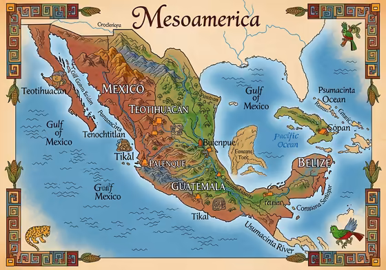 A map showing the geographical region of Mesoamerica, stretching from central Mexico through Belize, Guatemala, and El Salvador.