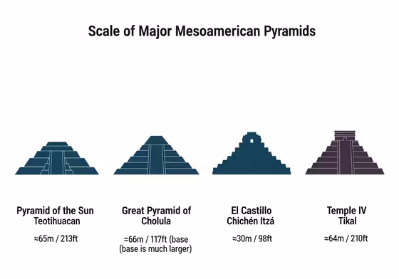 A comparative scale chart showing the silhouettes of major Mesoamerican pyramids, such as the Pyramid of the Sun, the Temple of Kukulcan, and Tikal's Temple I.