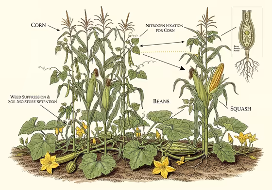An illustration showing the Three Sisters agricultural method: corn stalks providing support for climbing beans, and squash covering the ground.