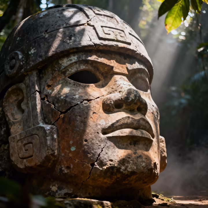 A massive Olmec colossal head, a key artifact of the Olmec civilization, displaying distinct facial features and a helmet.
